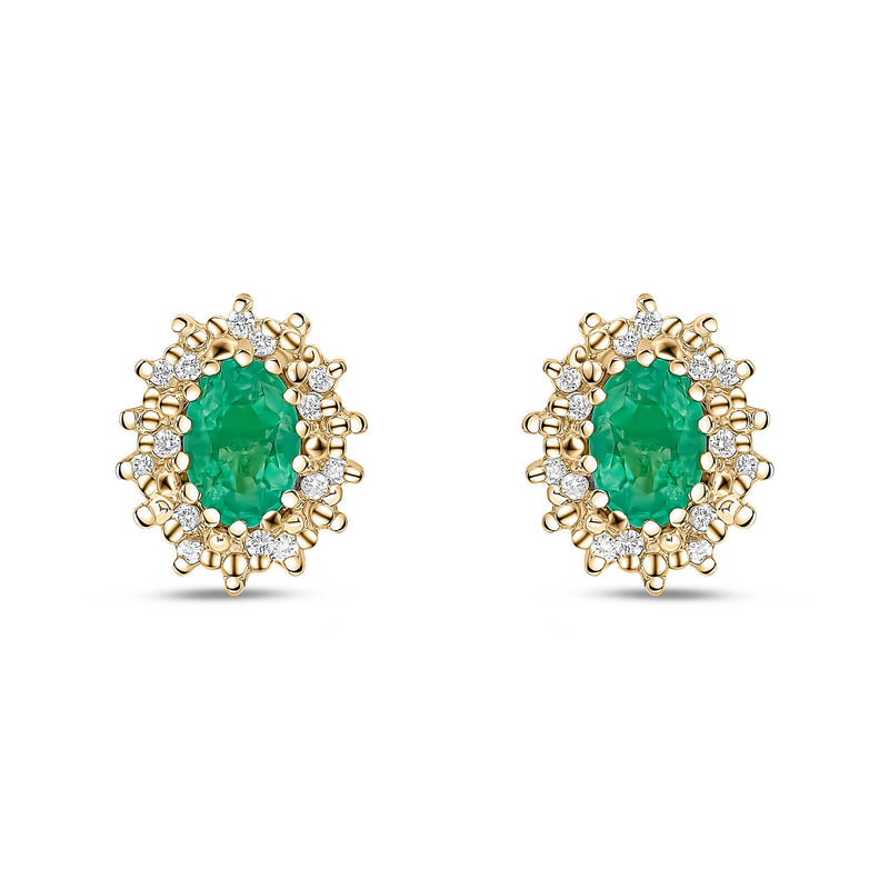 9ct Yellow Gold Oval Natural Emerald & Diamond Claw Set Cluster Stud Earrings — 6x4mm