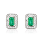 9ct White Gold Octagonal Natural Emerald & Diamond Claw Set Cluster Stud Earrings — 5x3mm