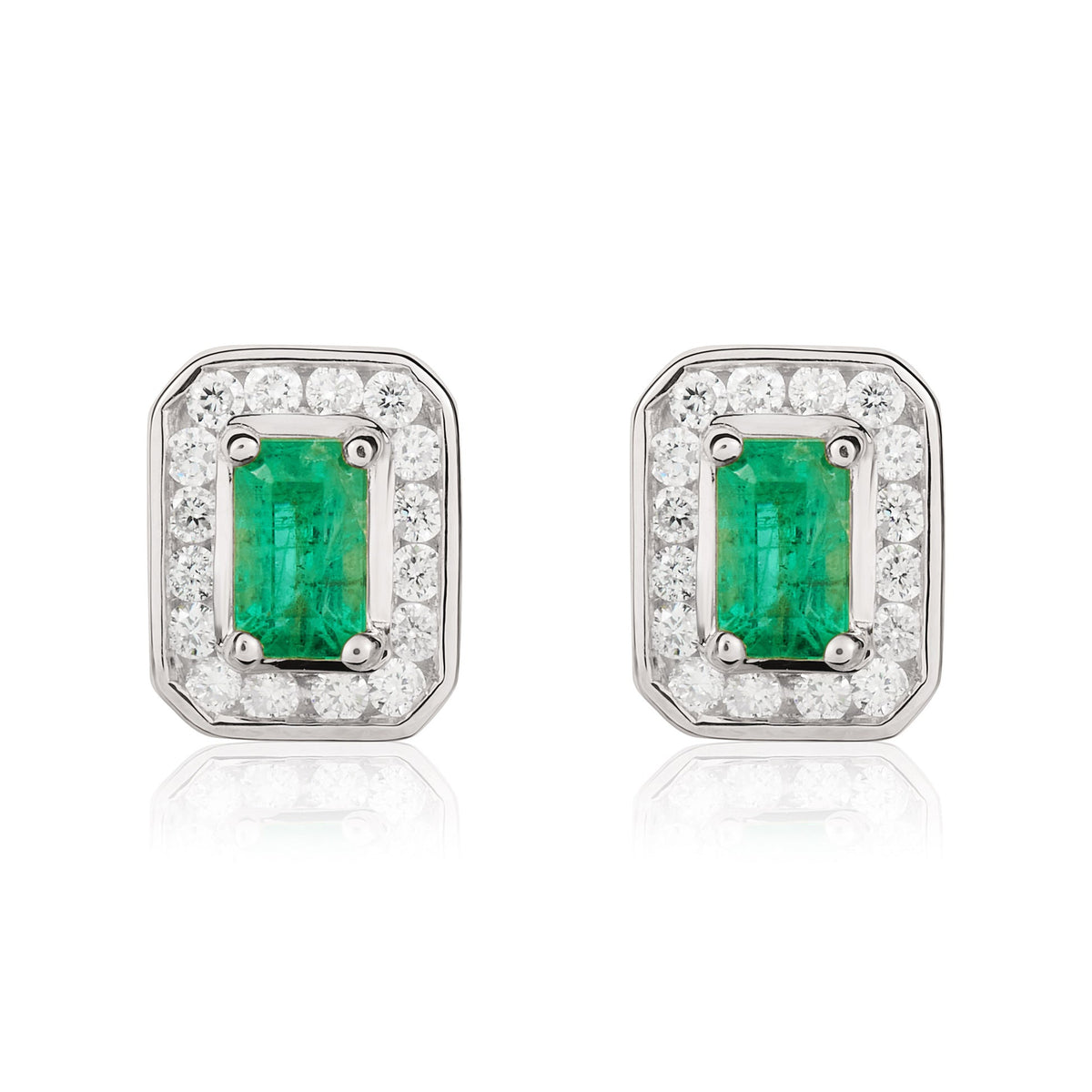 9ct White Gold Octagonal Natural Emerald & Diamond Claw Set Cluster Stud Earrings — 5x3mm