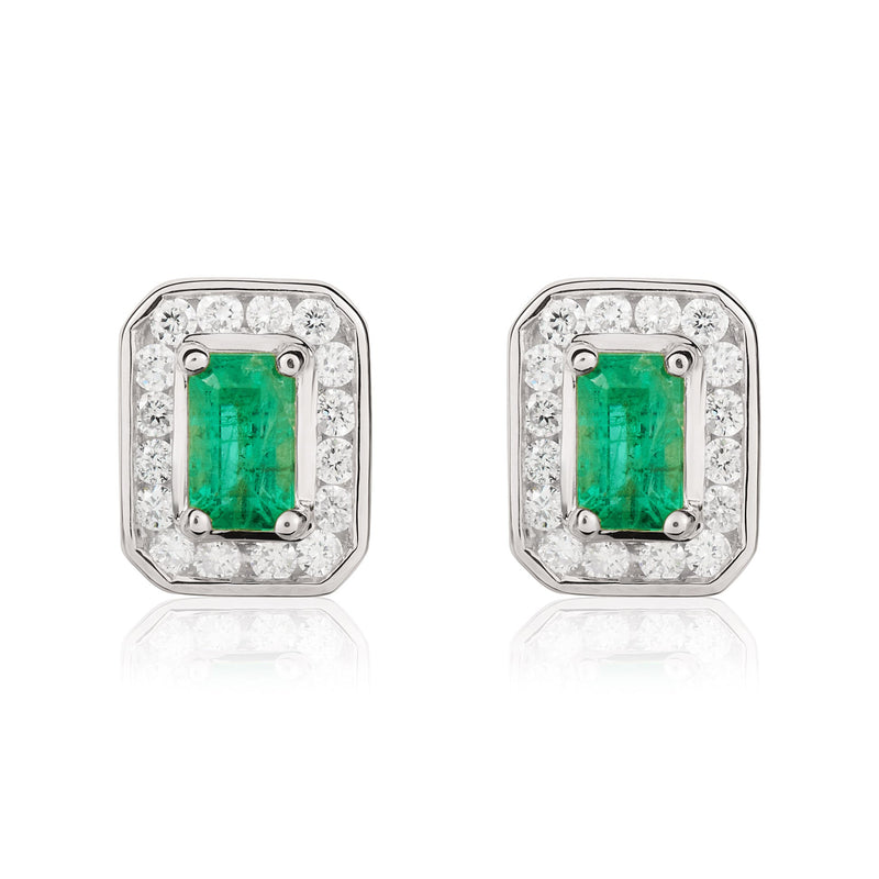 9ct White Gold Octagonal Natural Emerald & Diamond Claw Set Cluster Stud Earrings — 5x3mm