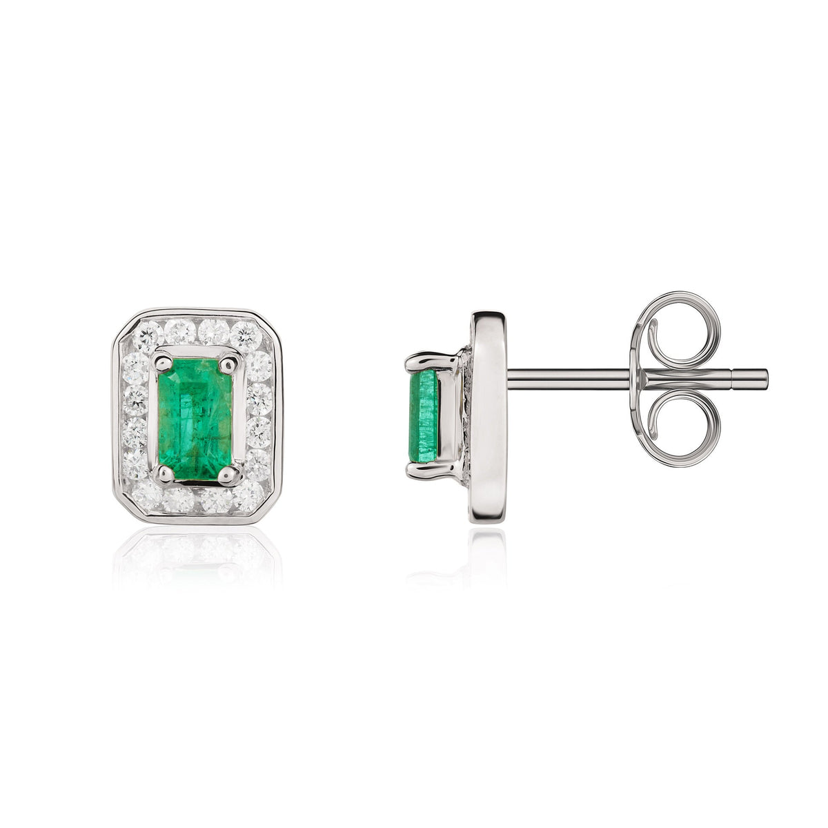 9ct White Gold Octagonal Natural Emerald & Diamond Claw Set Cluster Stud Earrings — 5x3mm