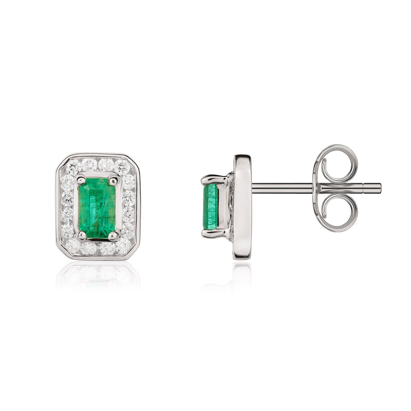 9ct White Gold Octagonal Natural Emerald & Diamond Claw Set Cluster Stud Earrings — 5x3mm