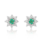 9ct White Gold Round Natural Emerald & Diamond Claw Set Cluster Stud Earrings — 3mm