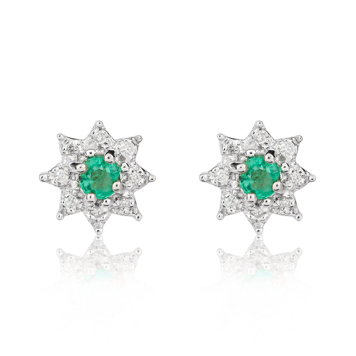 9ct White Gold Round Natural Emerald & Diamond Claw Set Cluster Stud Earrings — 3mm