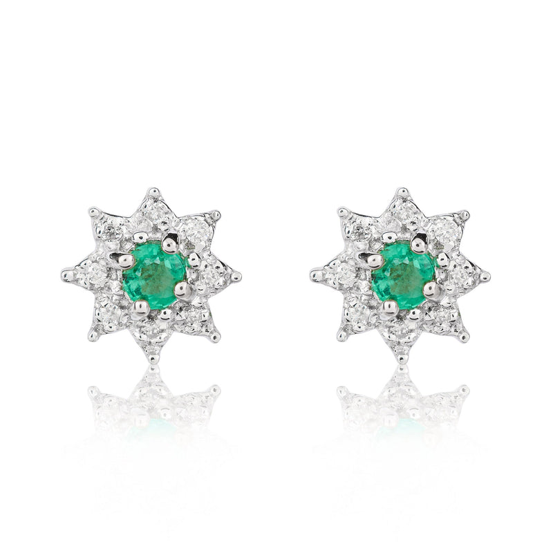 9ct White Gold Round Natural Emerald & Diamond Claw Set Cluster Stud Earrings — 3mm