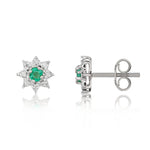 9ct White Gold Round Natural Emerald & Diamond Claw Set Cluster Stud Earrings — 3mm