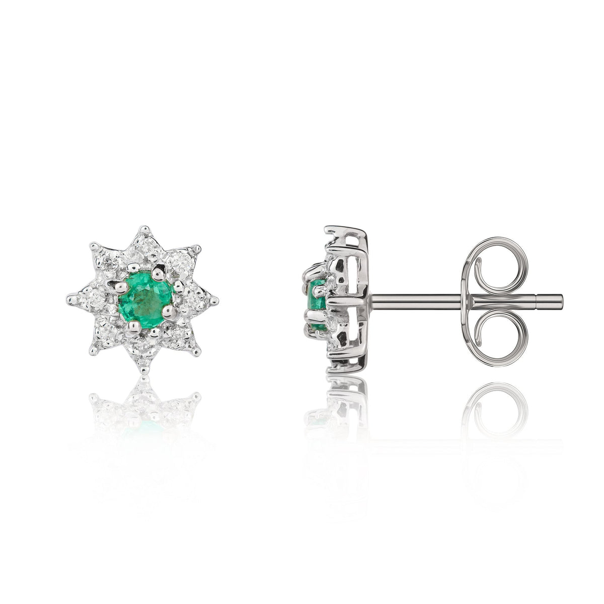 9ct White Gold Round Natural Emerald & Diamond Claw Set Cluster Stud Earrings — 3mm