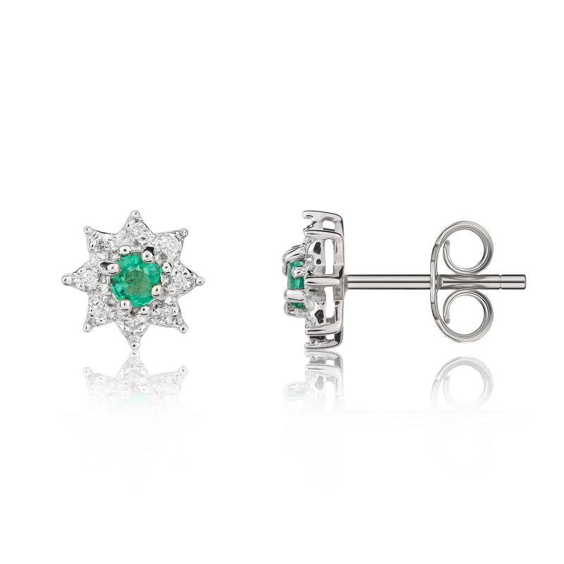 9ct White Gold Round Natural Emerald & Diamond Claw Set Cluster Stud Earrings — 3mm