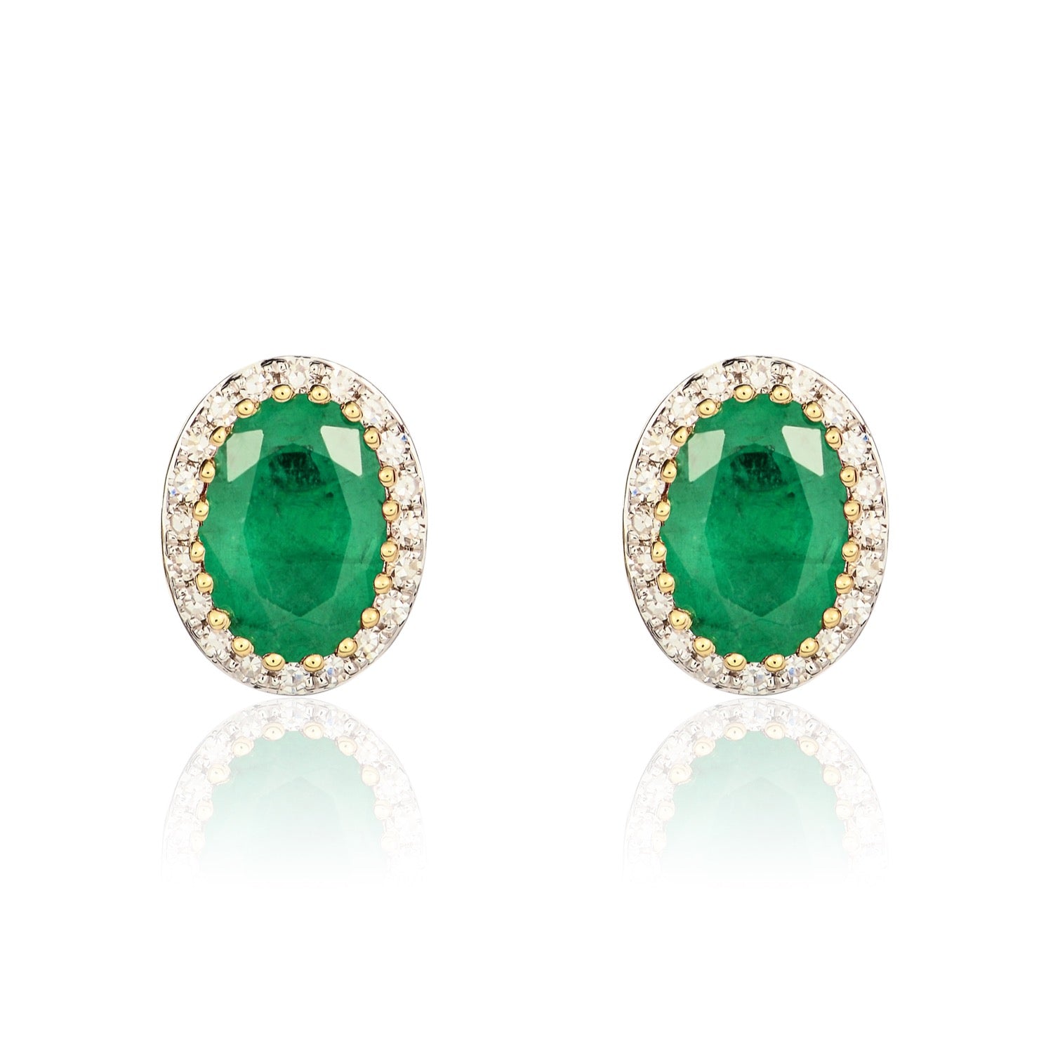 9ct Yellow Gold Oval Natural Emerald and Diamond Cluster Earrings — 7x5mm