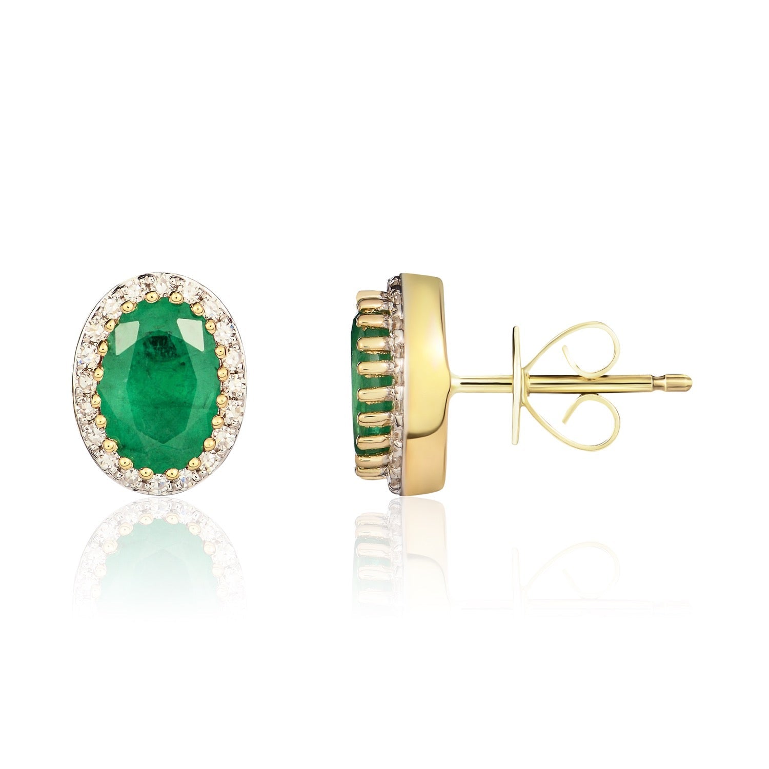 9ct Yellow Gold Oval Natural Emerald and Diamond Cluster Earrings — 7x5mm