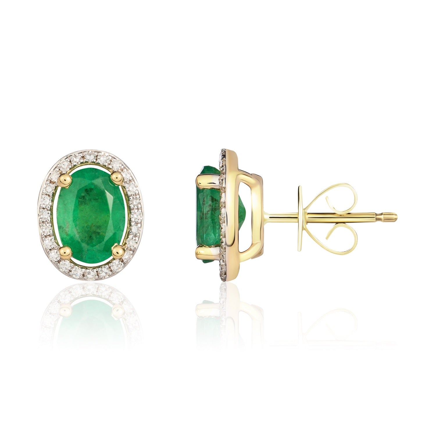 9ct Yellow Gold Oval Natural Emerald and Diamond Halo Cluster Earrings — 7x5mm