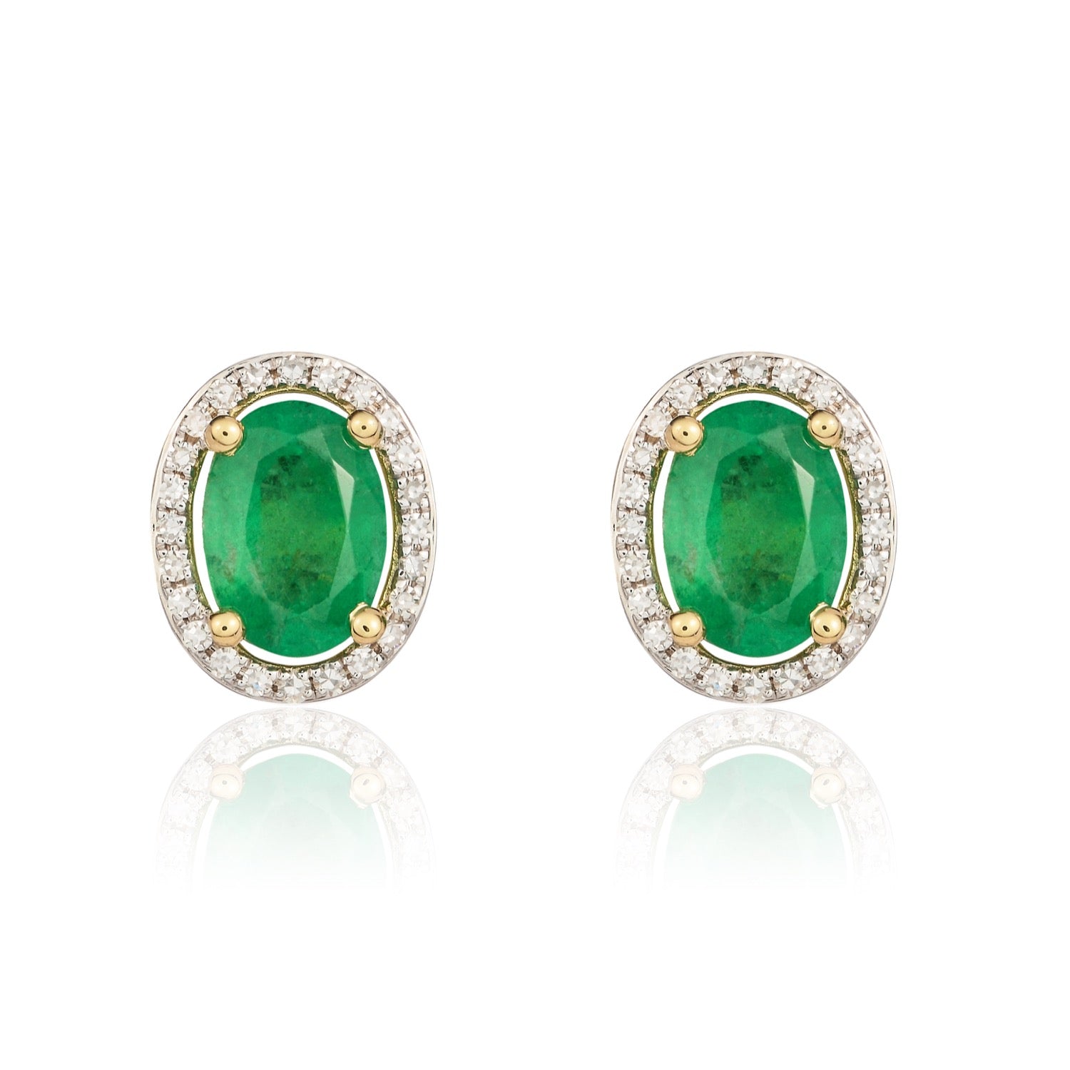 9ct Yellow Gold Oval Natural Emerald and Diamond Halo Cluster Earrings — 7x5mm