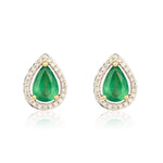 9ct Yellow Gold Pear Shaped Natural Emerald & Diamond Halo Cluster Stud Earrings — 7x5mm
