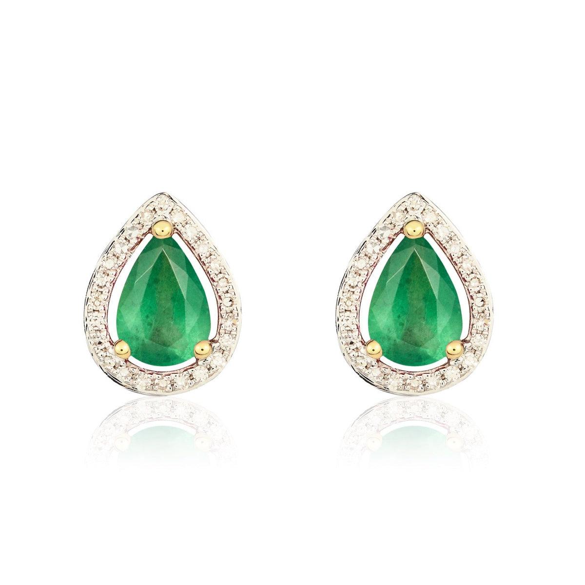 9ct Yellow Gold Pear Shaped Natural Emerald & Diamond Halo Cluster Stud Earrings — 7x5mm