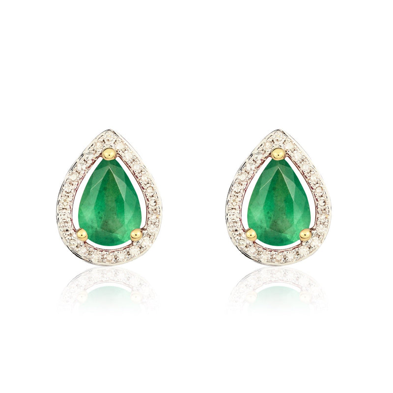 9ct Yellow Gold Pear Shaped Natural Emerald & Diamond Halo Cluster Stud Earrings — 7x5mm