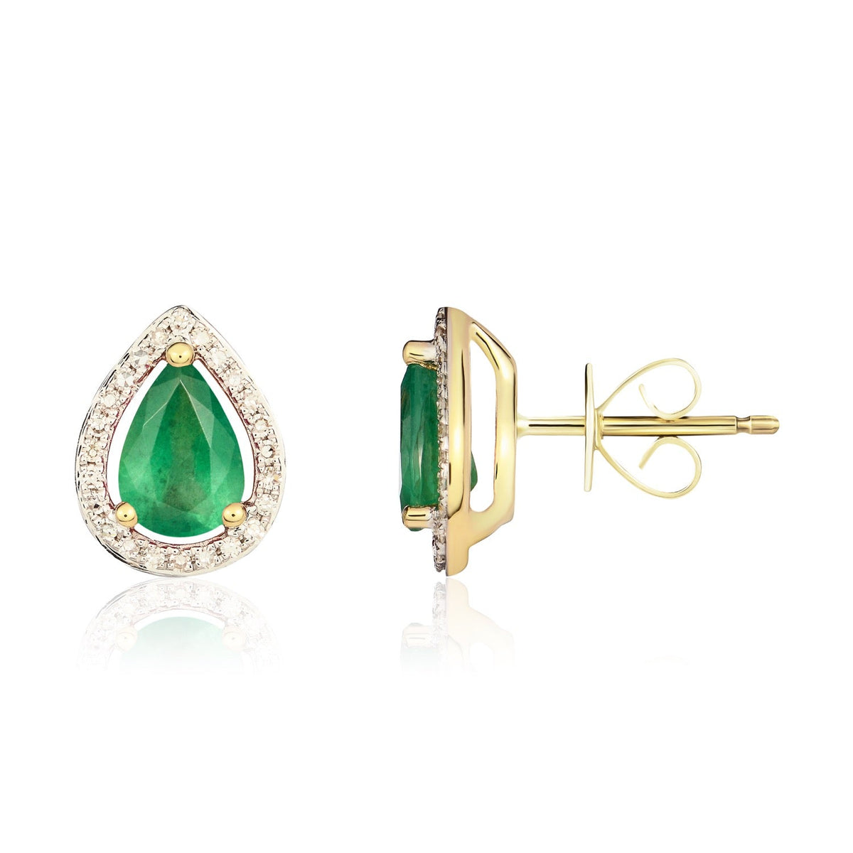 9ct Yellow Gold Pear Shaped Natural Emerald & Diamond Halo Cluster Stud Earrings — 7x5mm