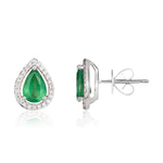 9ct White Gold Pear Shaped Natural Emerald & Diamond Halo Cluster Stud Earrings — 7x5mm