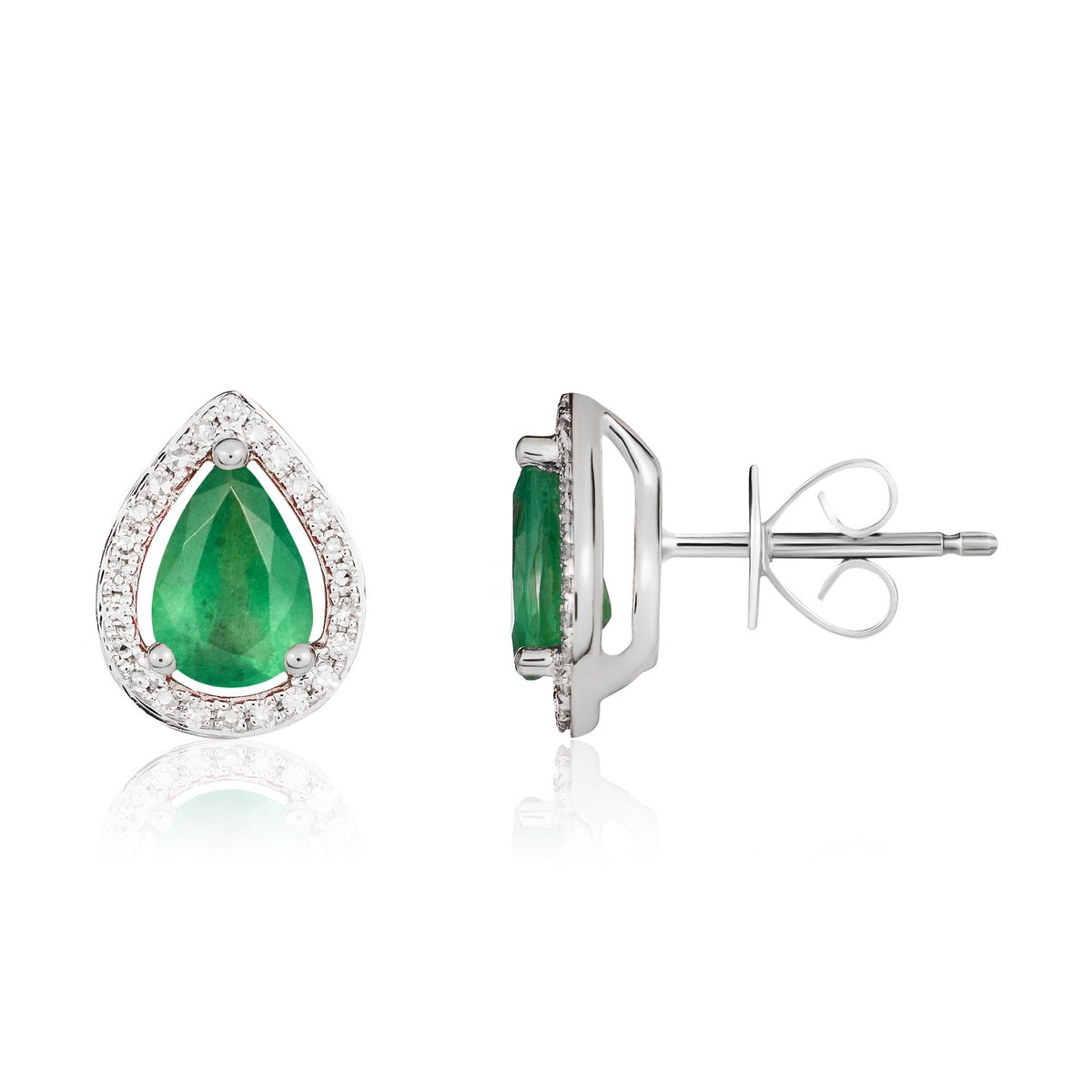 9ct White Gold Pear Shaped Natural Emerald & Diamond Halo Cluster Stud Earrings — 7x5mm