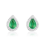 9ct White Gold Pear Shaped Natural Emerald & Diamond Halo Cluster Stud Earrings — 7x5mm