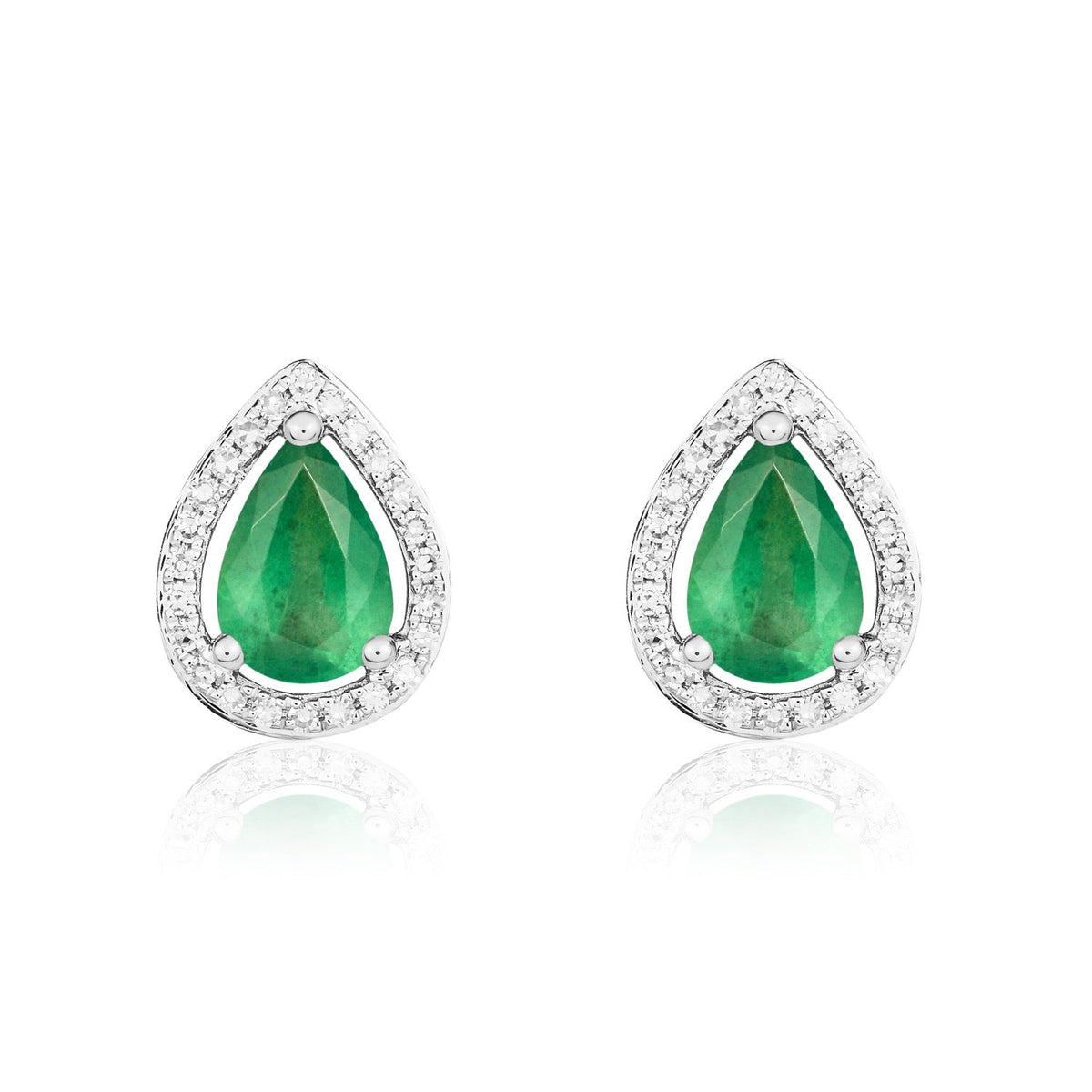 9ct White Gold Pear Shaped Natural Emerald & Diamond Halo Cluster Stud Earrings — 7x5mm