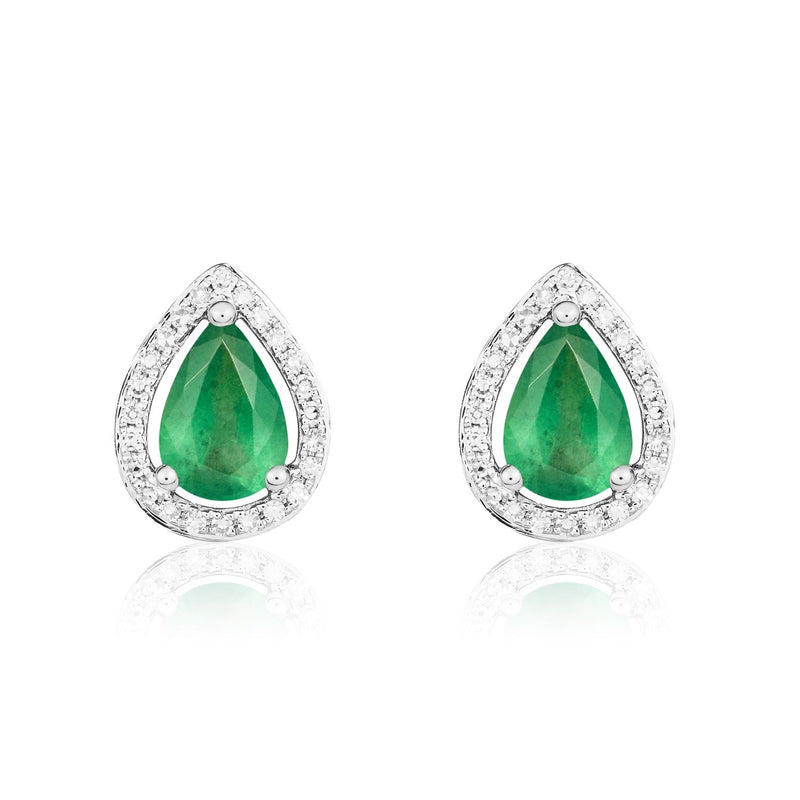 9ct White Gold Pear Shaped Natural Emerald & Diamond Halo Cluster Stud Earrings — 7x5mm