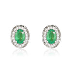 9ct White Gold Oval Natural Emerald & Diamond Rope Edge Cluster Stud Earrings — 6x4mm