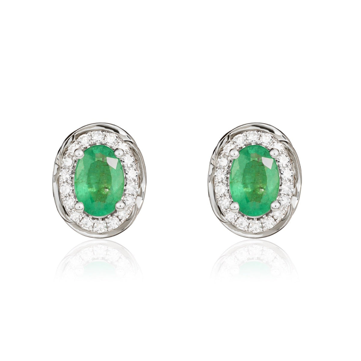 9ct White Gold Oval Natural Emerald & Diamond Rope Edge Cluster Stud Earrings — 6x4mm