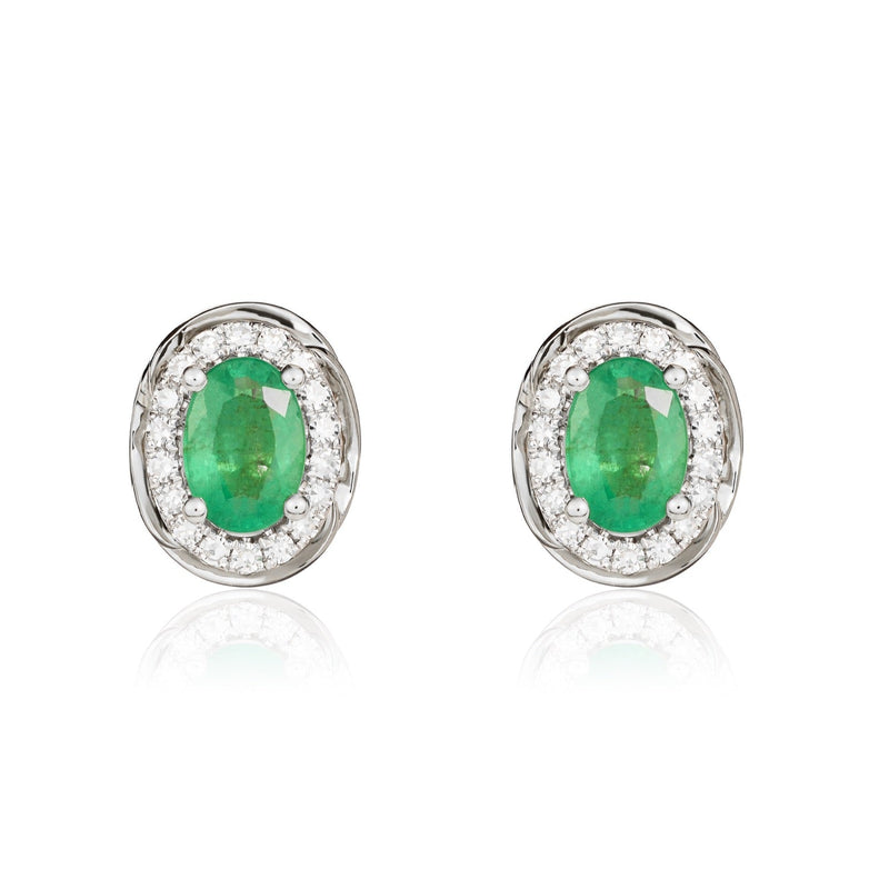 9ct White Gold Oval Natural Emerald & Diamond Rope Edge Cluster Stud Earrings — 6x4mm