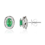 9ct White Gold Oval Natural Emerald & Diamond Rope Edge Cluster Stud Earrings — 6x4mm