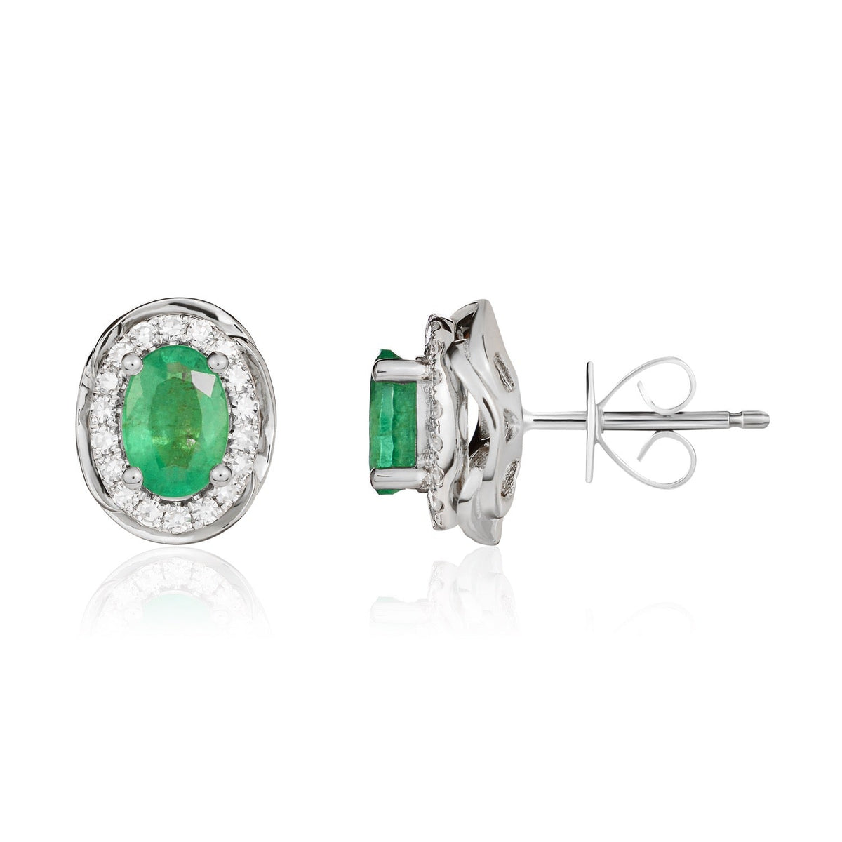 9ct White Gold Oval Natural Emerald & Diamond Rope Edge Cluster Stud Earrings — 6x4mm