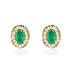 9ct Yellow Gold Oval Natural Emerald & Diamond Rope Edge Cluster Stud Earrings — 7x5mm