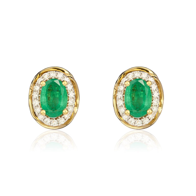 9ct Yellow Gold Oval Natural Emerald & Diamond Rope Edge Cluster Stud Earrings — 7x5mm