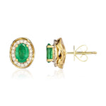 9ct Yellow Gold Oval Natural Emerald & Diamond Rope Edge Cluster Stud Earrings — 7x5mm
