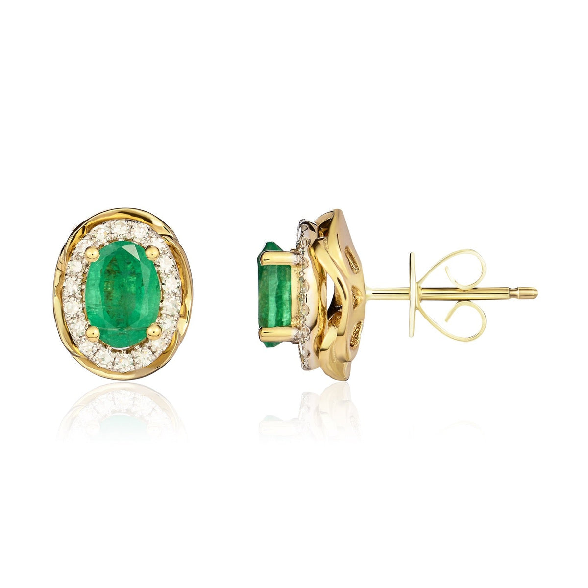 9ct Yellow Gold Oval Natural Emerald & Diamond Rope Edge Cluster Stud Earrings — 7x5mm