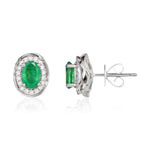 9ct White Gold Oval Natural Emerald & Diamond Rope Edge Cluster Stud Earrings — 7x5mm
