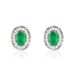 9ct White Gold Oval Natural Emerald & Diamond Rope Edge Cluster Stud Earrings — 7x5mm