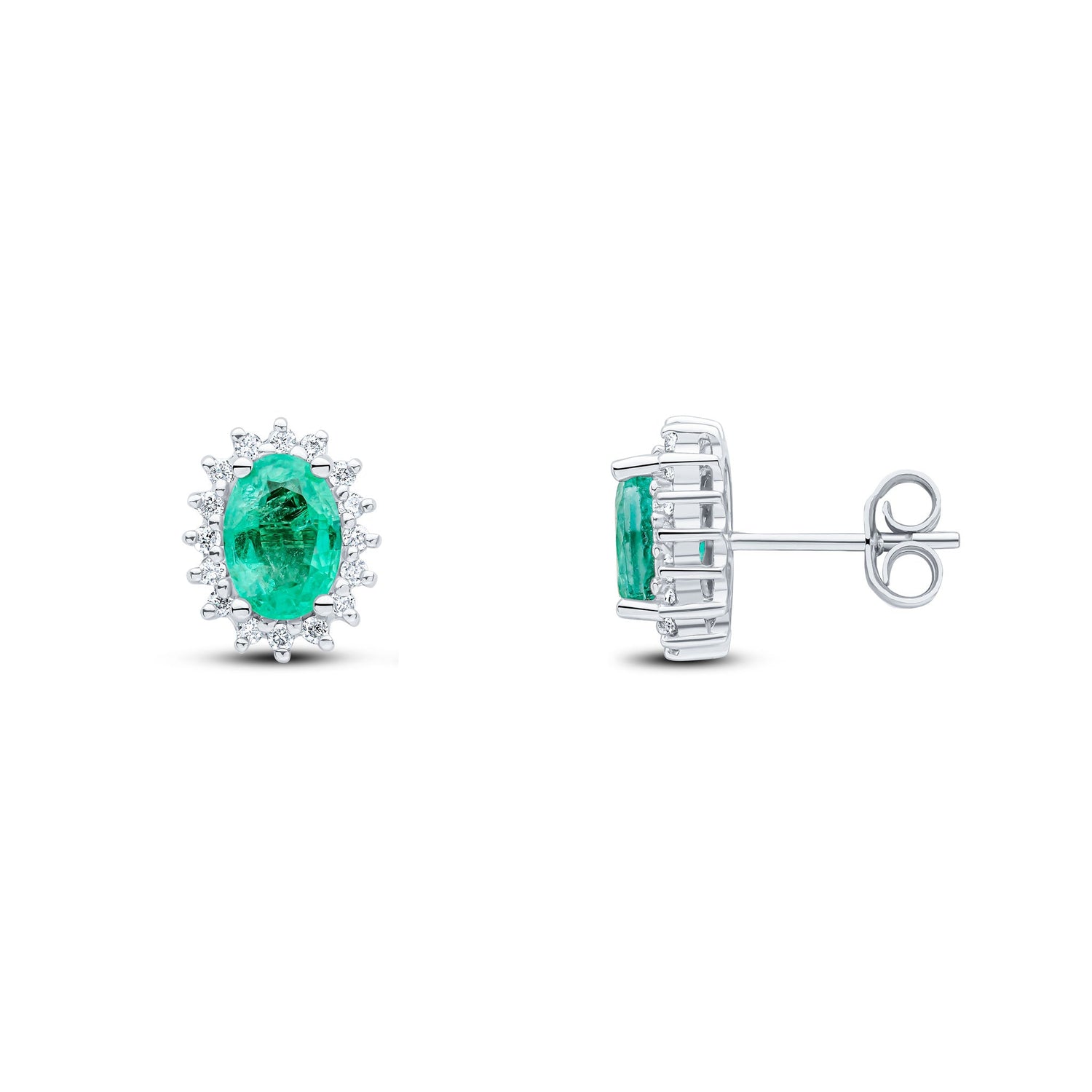 9ct White Gold Oval Natural Emerald and Diamond Cluster Earrings — 7x5mm