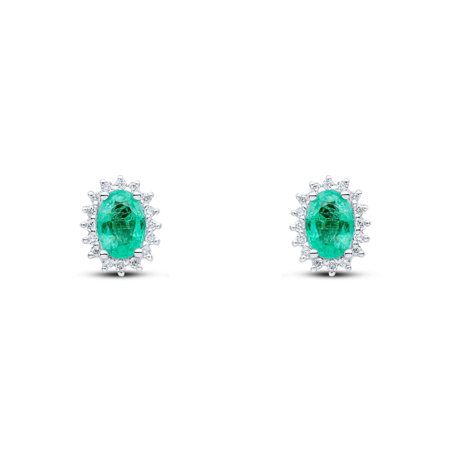 9ct White Gold Oval Natural Emerald and Diamond Cluster Earrings — 7x5mm
