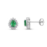 9ct White Gold Pear Shaped Natural Emerald & Diamond Claw Set Cluster Stud Earrings — 5x4mm