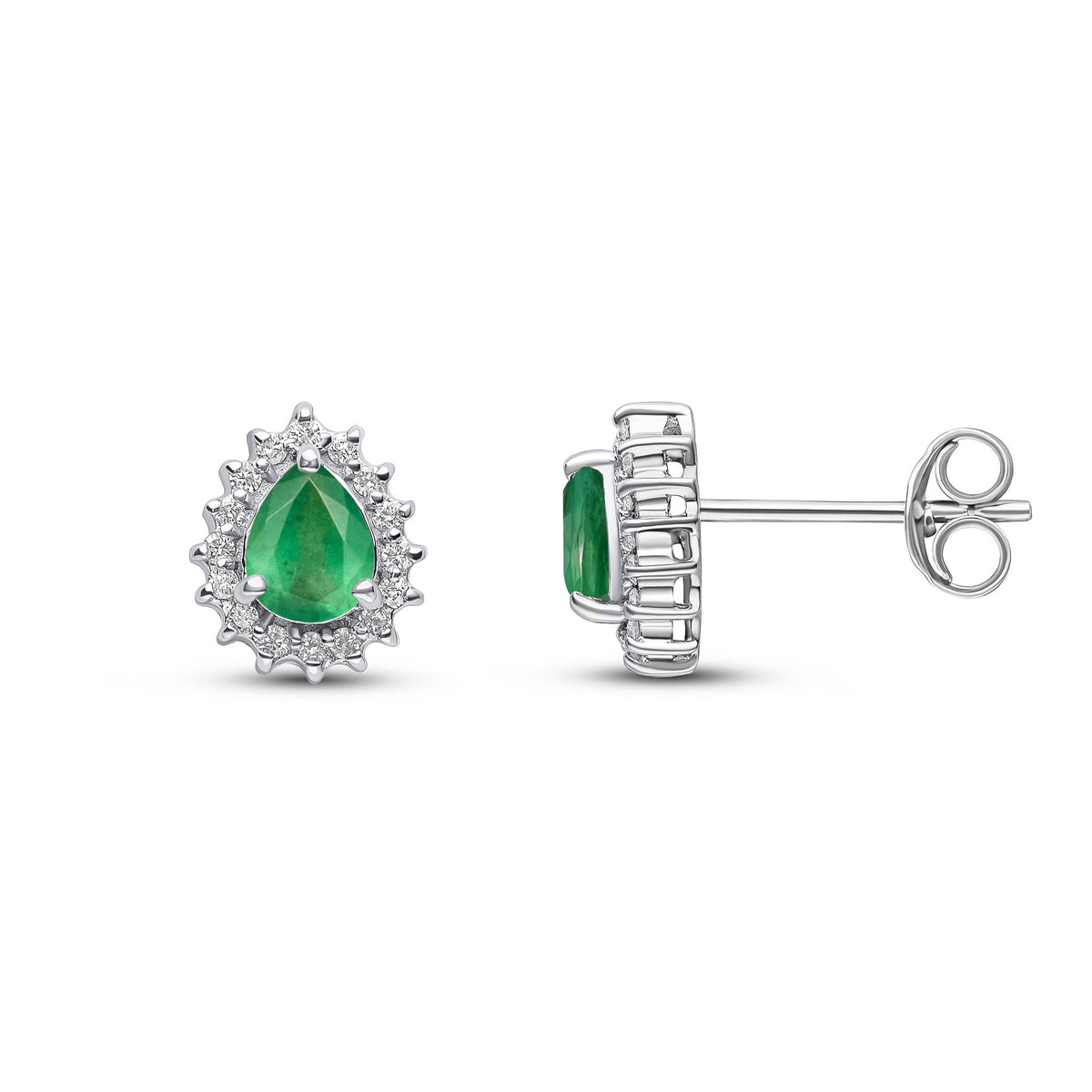 9ct White Gold Pear Shaped Natural Emerald & Diamond Claw Set Cluster Stud Earrings — 5x4mm