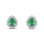9ct White Gold Pear Shaped Natural Emerald & Diamond Claw Set Cluster Stud Earrings — 5x4mm