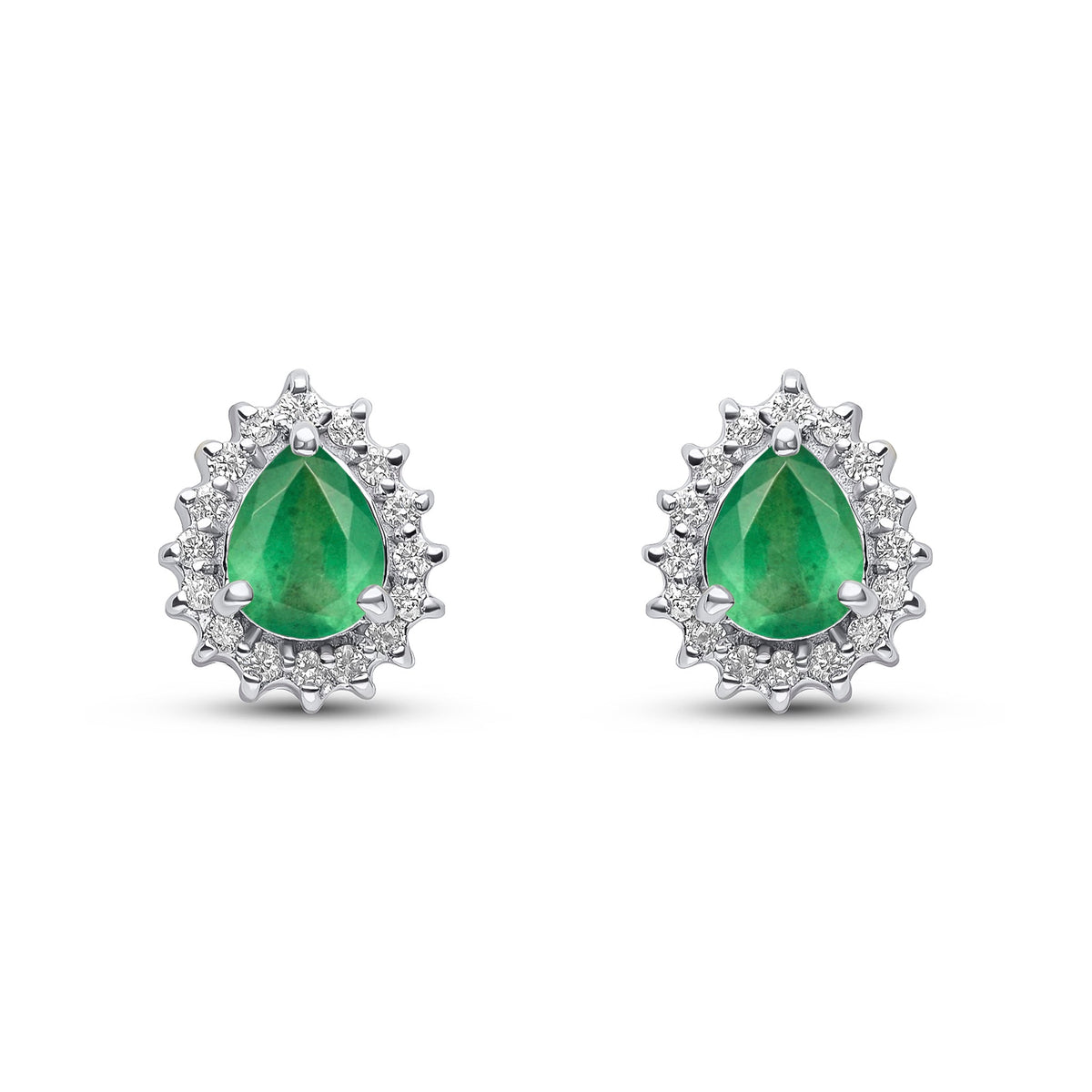 9ct White Gold Pear Shaped Natural Emerald & Diamond Claw Set Cluster Stud Earrings — 5x4mm