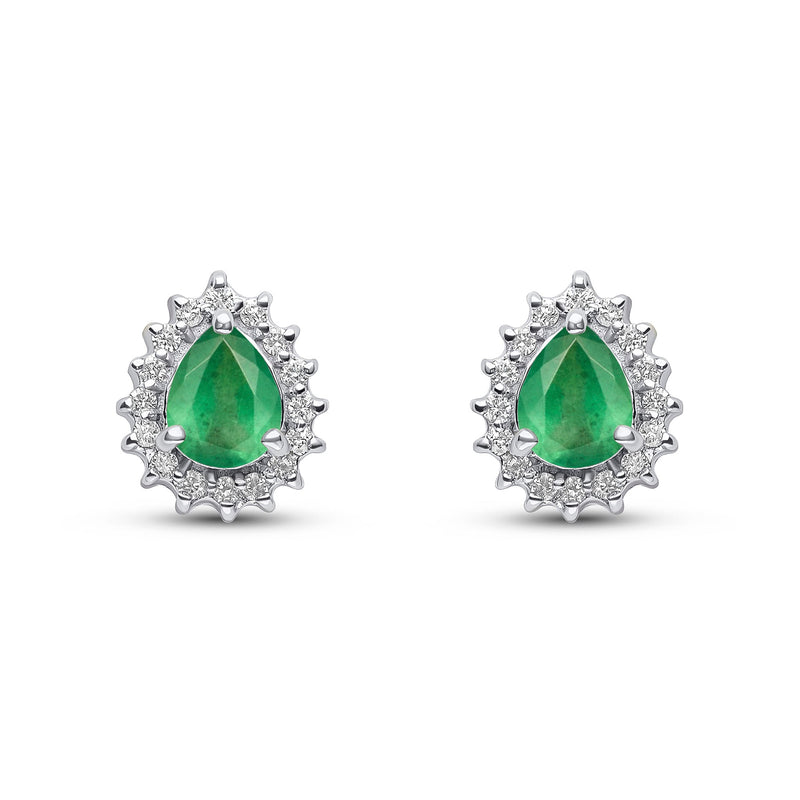 9ct White Gold Pear Shaped Natural Emerald & Diamond Claw Set Cluster Stud Earrings — 5x4mm