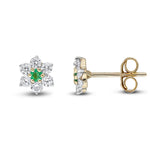 9ct Yellow Gold Round Natural Emerald & Diamond Claw Set Cluster Stud Earrings