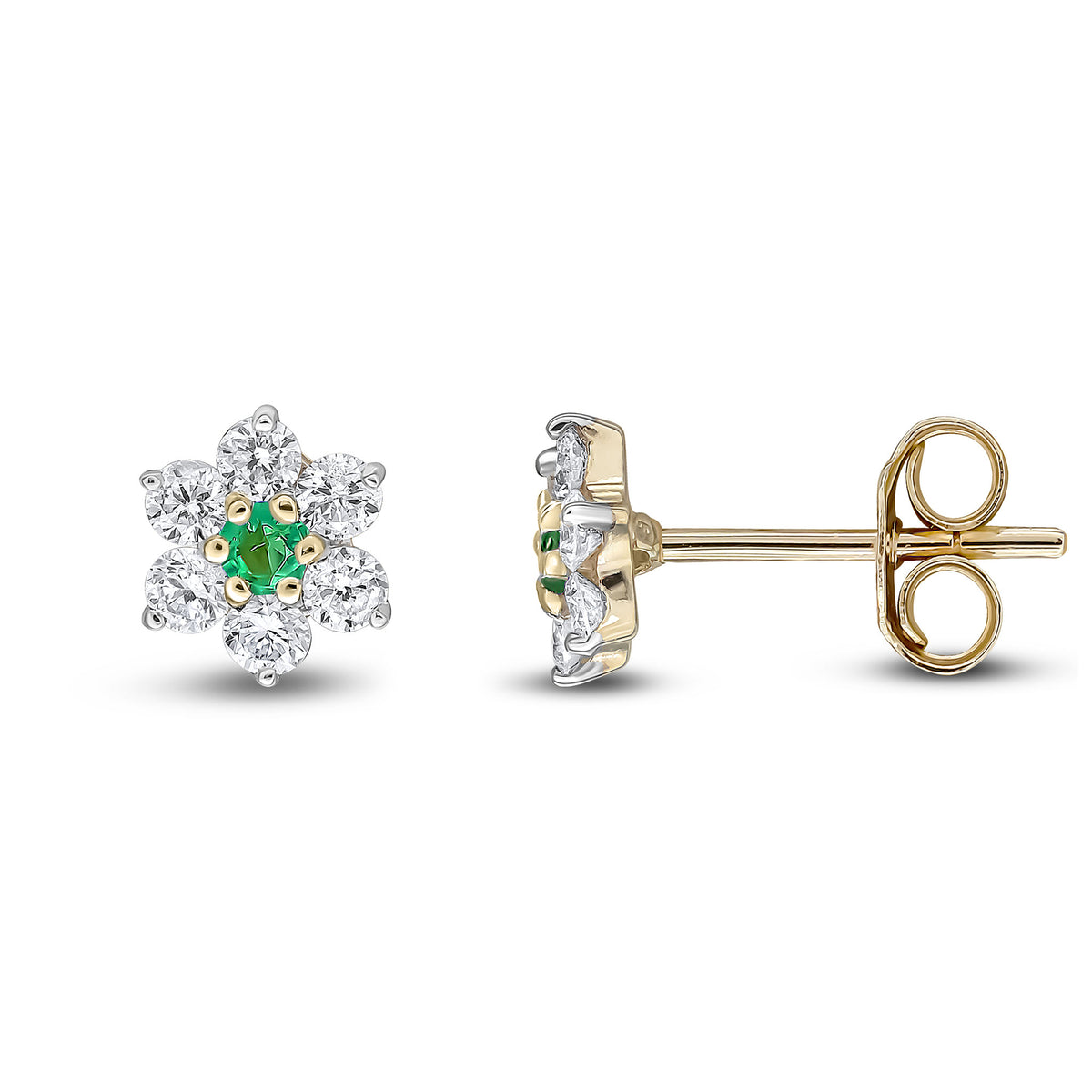 9ct Yellow Gold Round Natural Emerald & Diamond Claw Set Cluster Stud Earrings