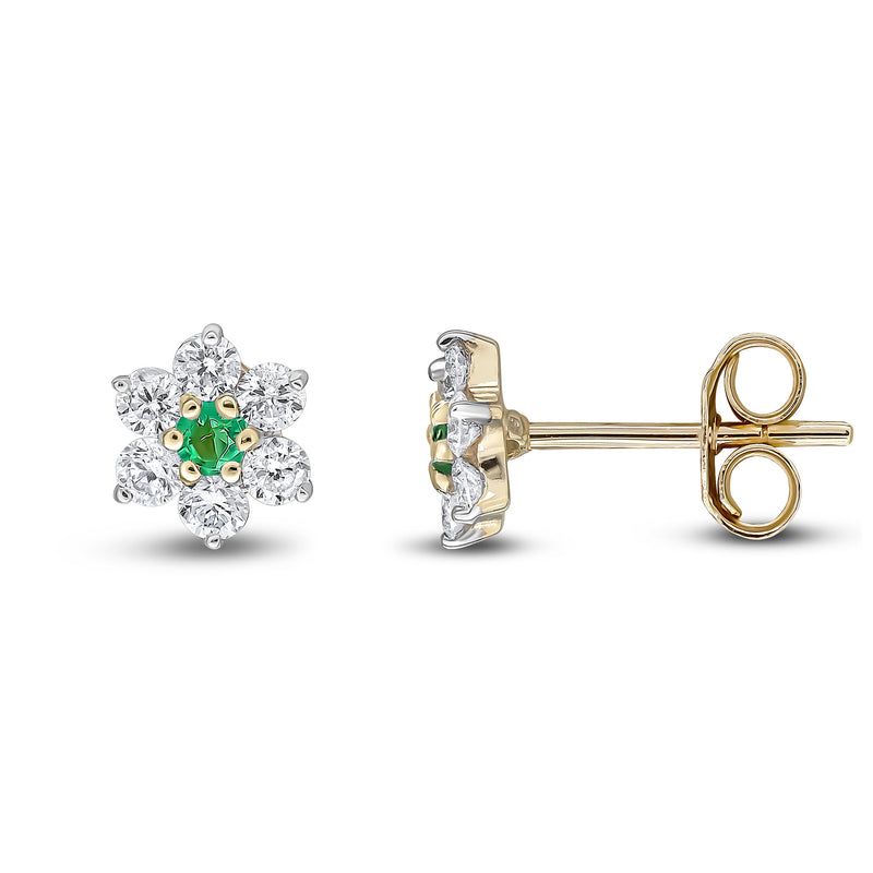 9ct Yellow Gold Round Natural Emerald & Diamond Claw Set Cluster Stud Earrings