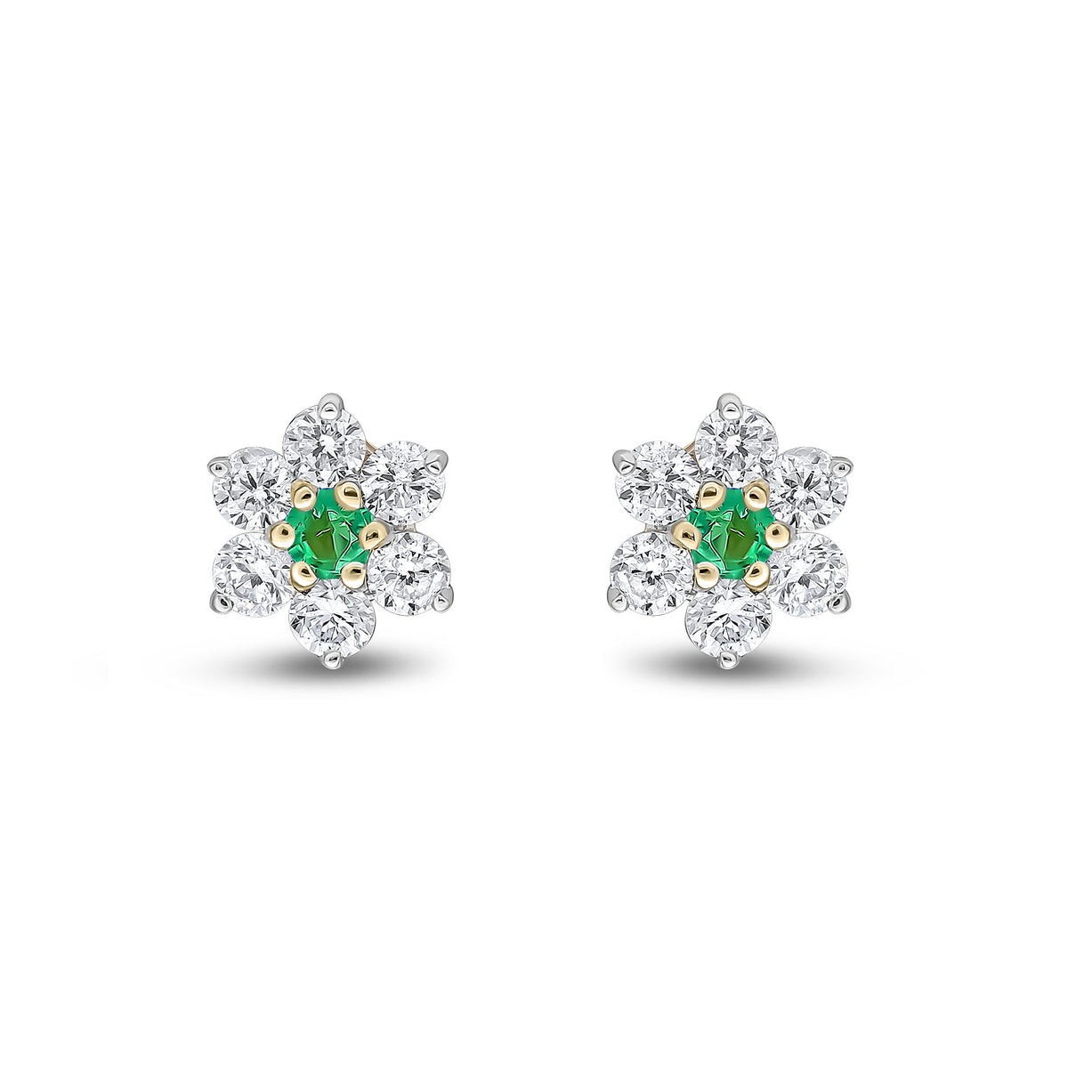 9ct Yellow Gold Round Natural Emerald & Diamond Claw Set Cluster Stud Earrings