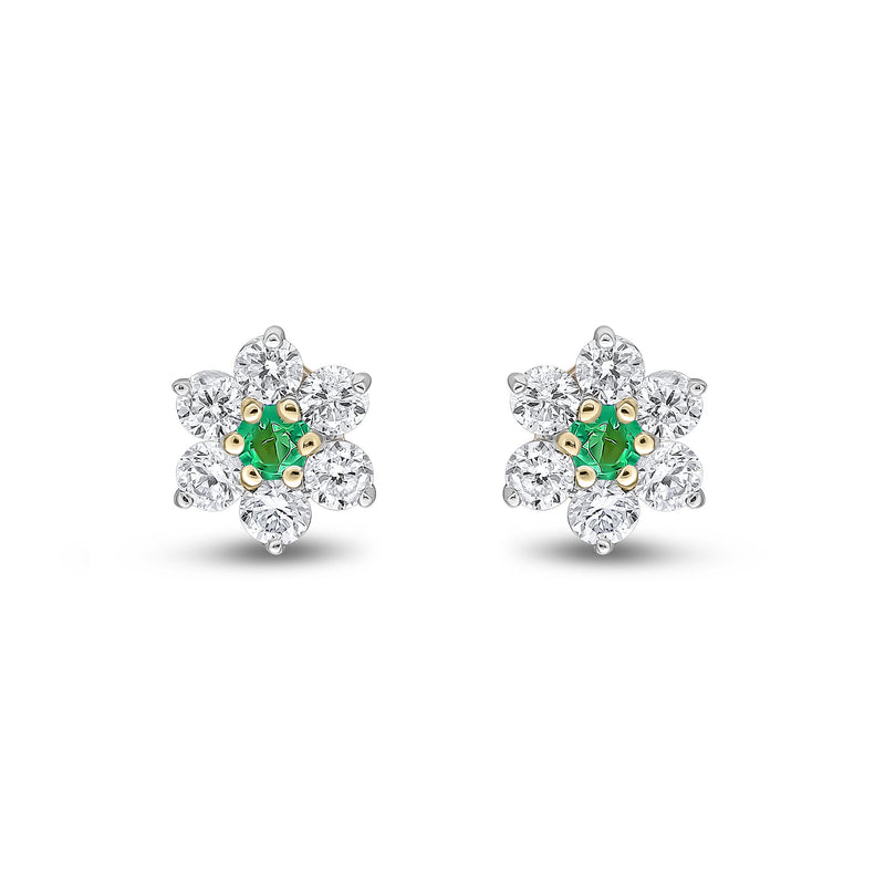 9ct Yellow Gold Round Natural Emerald & Diamond Claw Set Cluster Stud Earrings