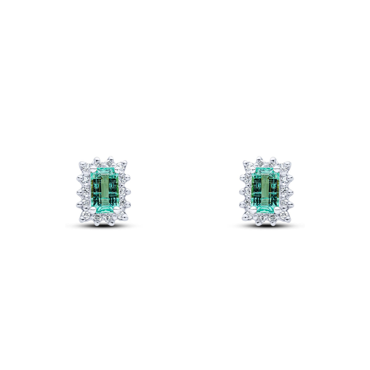 9ct White Gold Octagonal Natural Emerald & Diamond Cluster Stud Earrings — 5x3mm