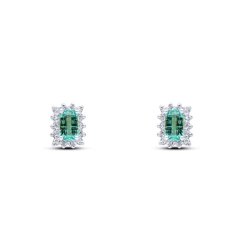 9ct White Gold Octagonal Natural Emerald & Diamond Cluster Stud Earrings — 5x3mm
